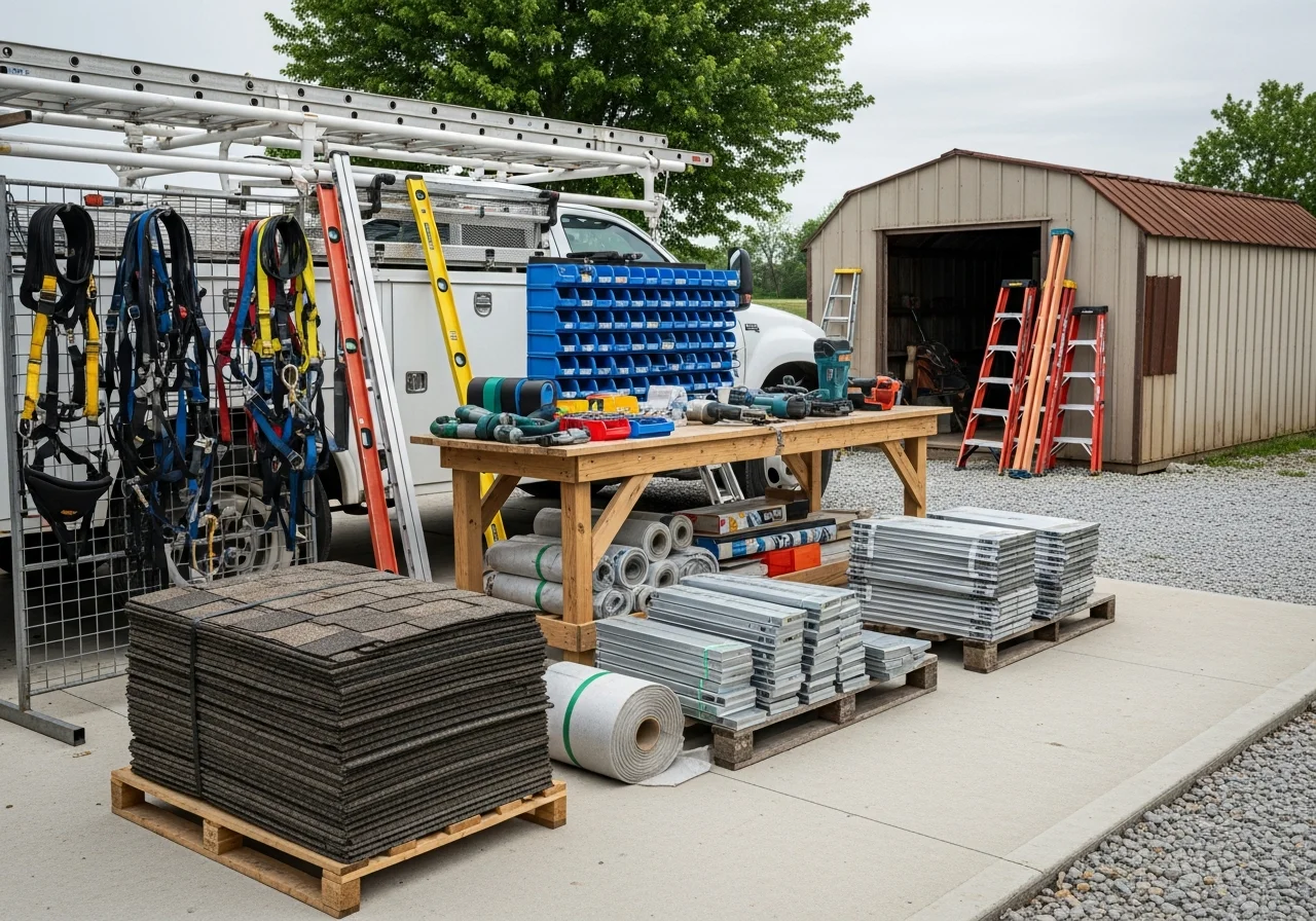Professional roofing crew with tools and equipment ready for residential and commercial projects in central Kentucky.