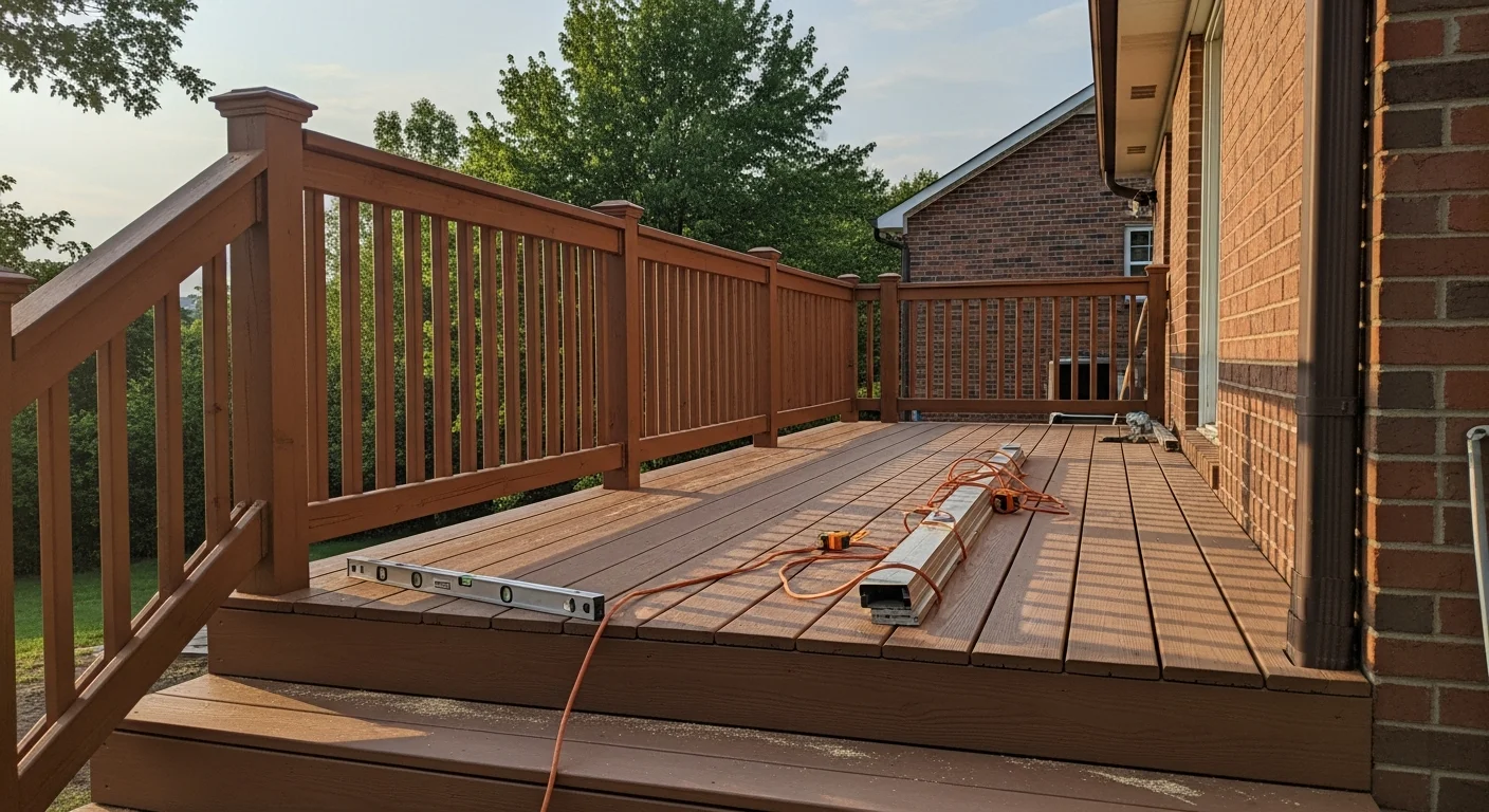 Newly constructed wooden deck attached to home
