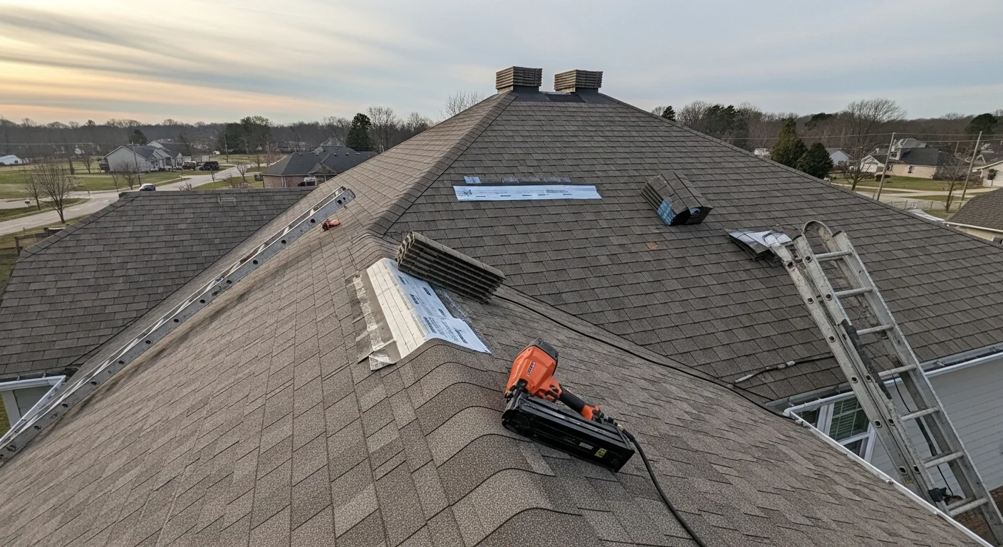 Roofer installing shingles on residential home