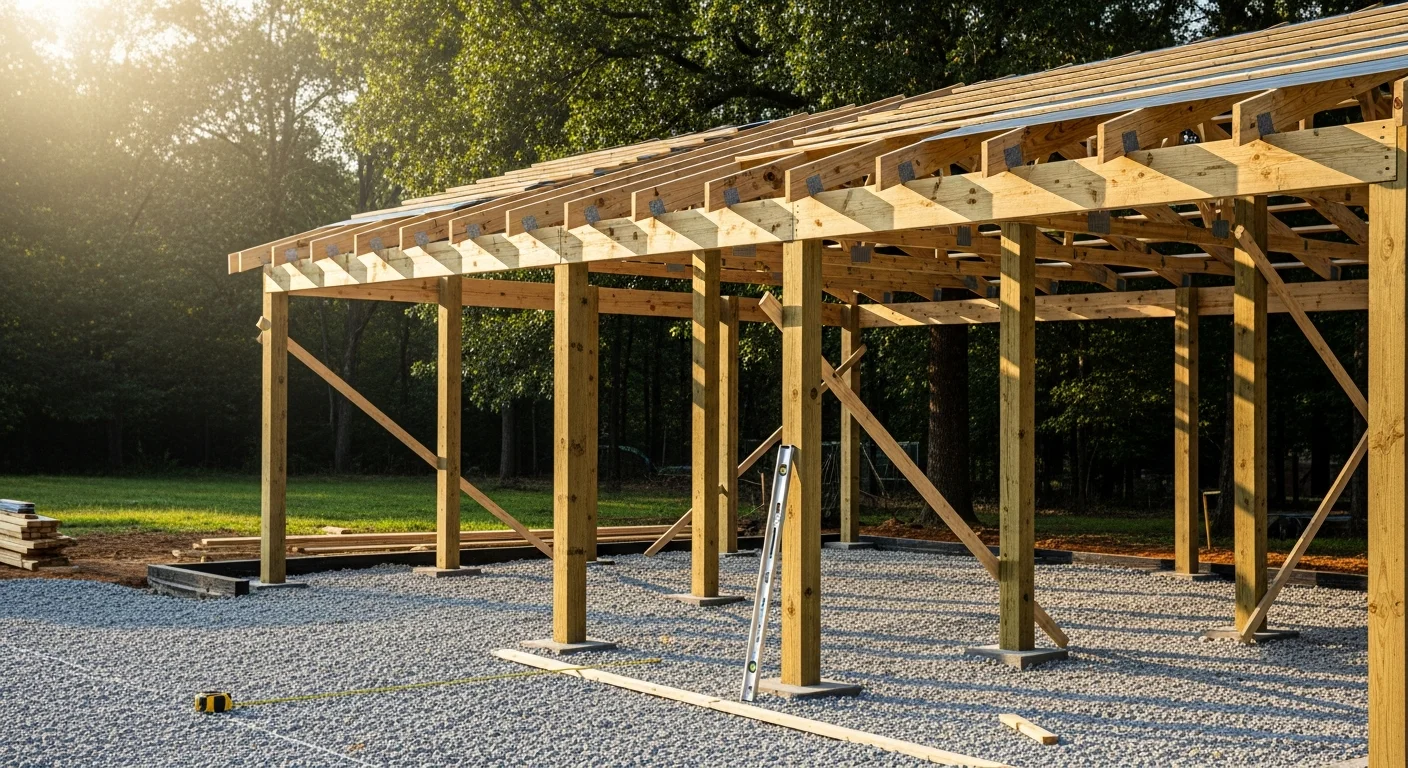 A newly constructed freestanding carport on a residential property in Somerset, Kentucky, with a pitched roof covering two vehicle bays. The structure sits on a concrete pad beside a single-family home with a tree line visible in the background.