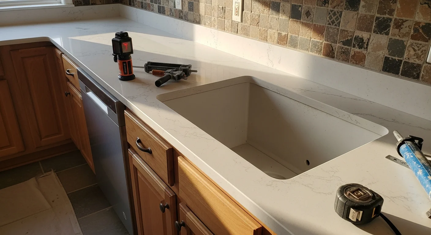 Newly installed stone countertop on white kitchen cabinets in a Somerset home, with a clean undermount sink cutout and sealed edges. The surface is level and free of gaps where it meets the cabinet and backsplash wall.