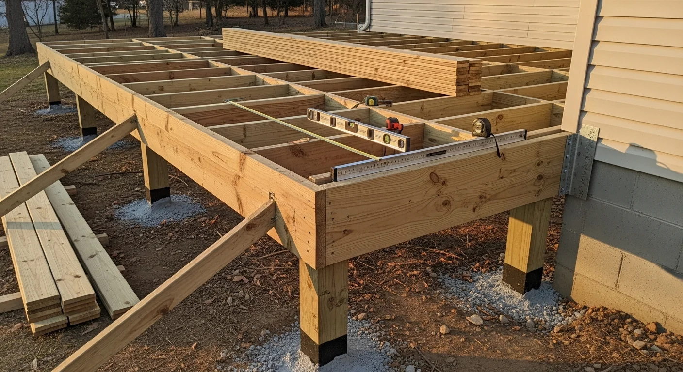 A newly constructed wood-framed residential deck attached to the back of a single-family home in Somerset, Kentucky, with stairs leading down to the yard and code-compliant railings along the perimeter. The deck structure shows exposed framing details including posts, beams, and ledger connection at the house.