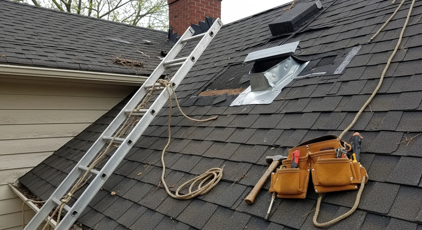 A Thoroughbred Roofing crew member inspecting storm damage on a residential roof in Somerset, Kentucky, with missing shingles and exposed decking visible after a severe weather event.