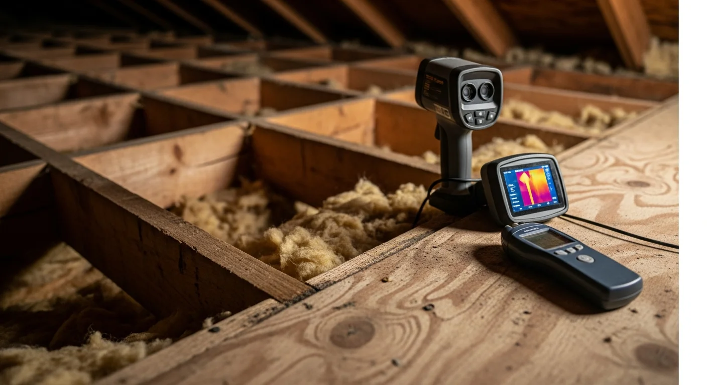 A mold inspector using a moisture meter on a drywall surface inside a Somerset home, with visible water staining along the base of the wall. The inspection targets a crawl space access area showing early signs of moisture intrusion.