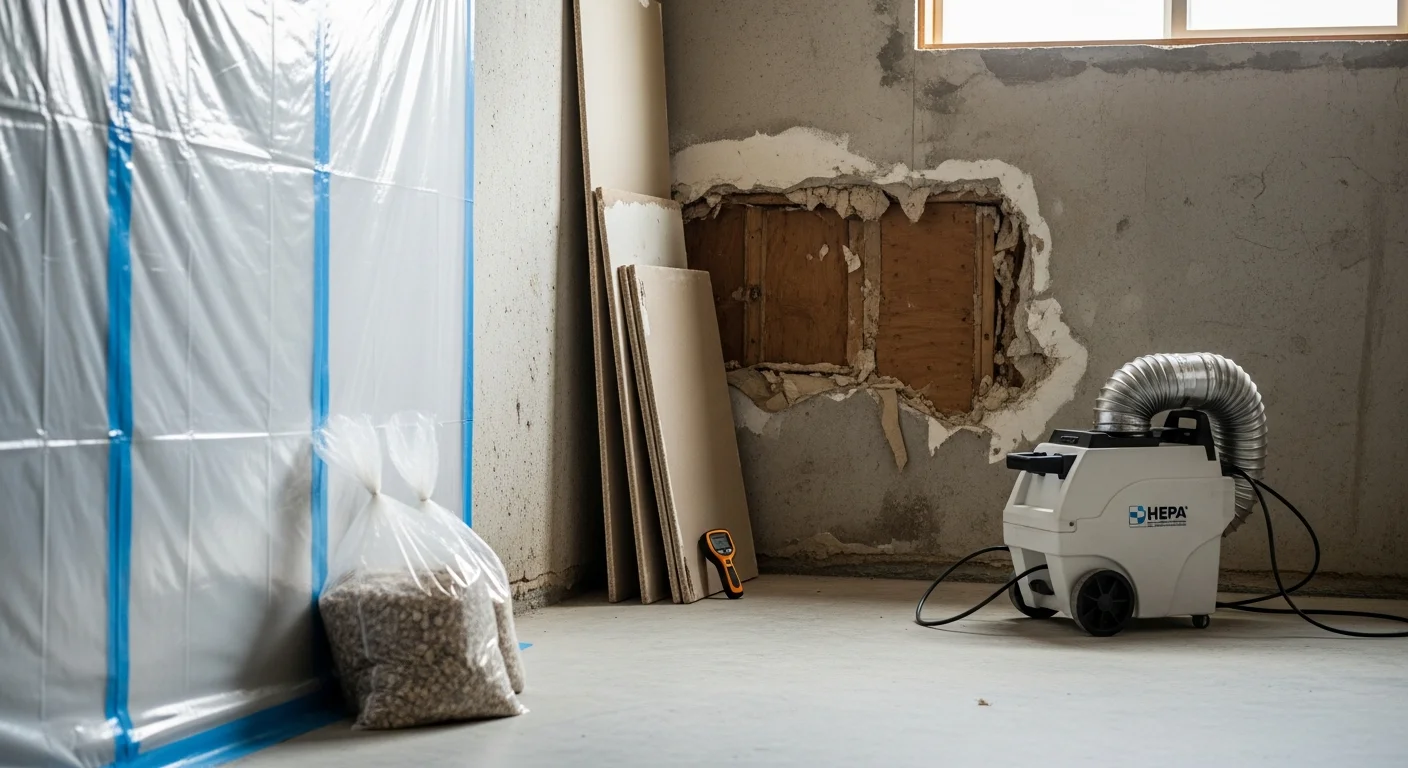 A Somerset home's basement wall showing mold remediation in progress, with plastic containment sheeting sealing off the affected area and an air scrubber unit running nearby. Cleaned and treated concrete block surfaces are visible where mold staining has been removed.