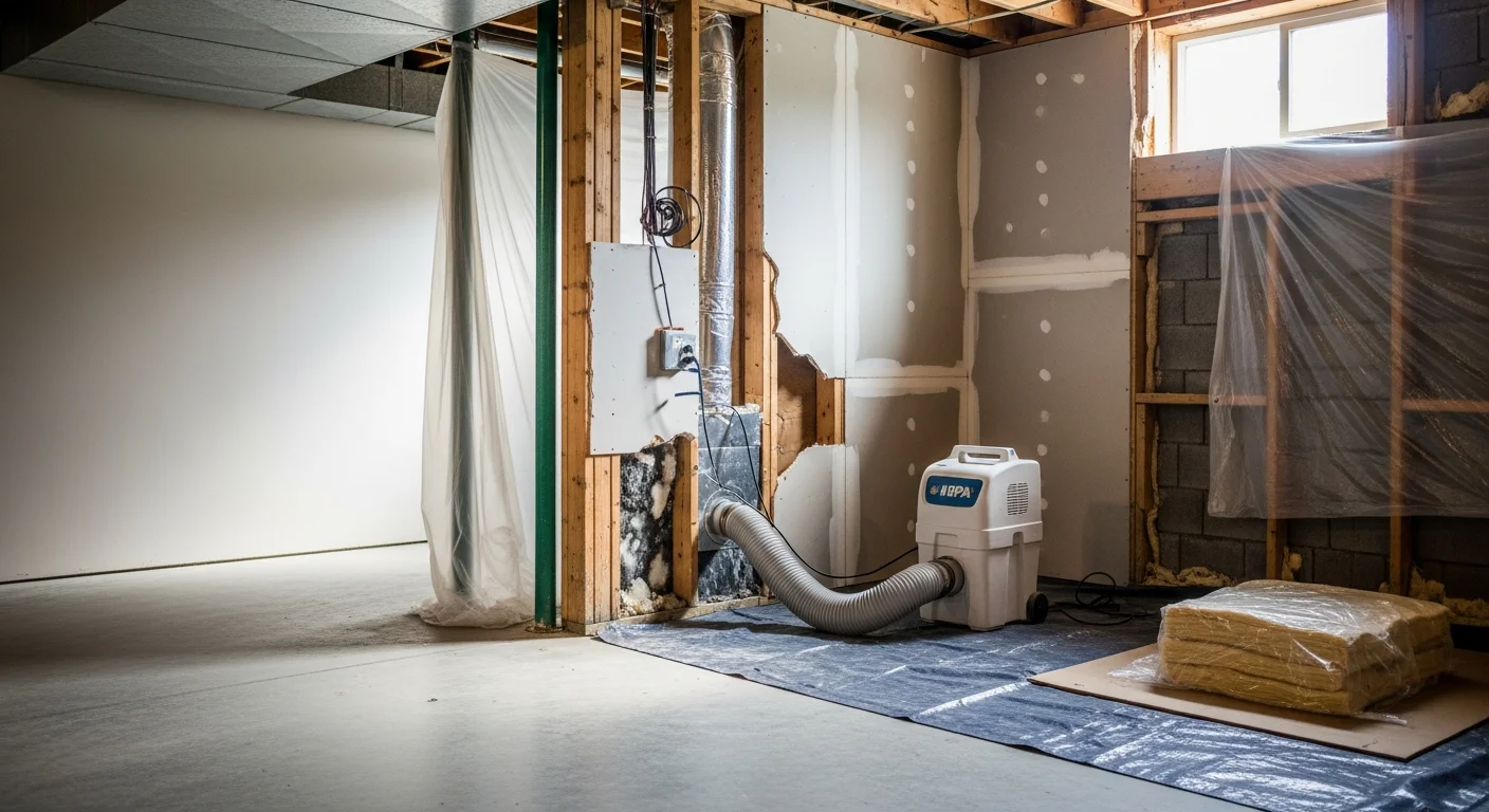 A Somerset home crawl space showing mold-affected insulation and framing being contained and removed by a professional technician. Plastic containment sheeting is visible along the perimeter of the work area.