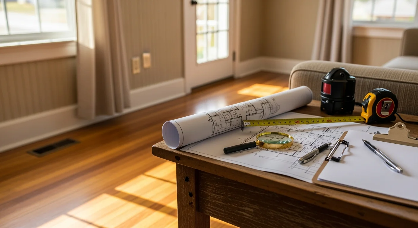 A Thoroughbred Roofing consultant reviewing a Somerset home interior with a homeowner, discussing remodeling plans in a residential living space. The image shows an in-person walkthrough of the room with notes being taken on a clipboard.