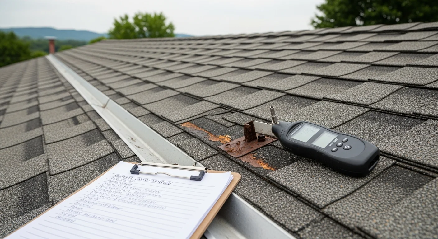A Thoroughbred Roofing inspector examining shingles, flashing, and ridge lines on a residential roof in Somerset, Kentucky. The inspection covers visible wear patterns and storm damage common to south-central Kentucky homes.