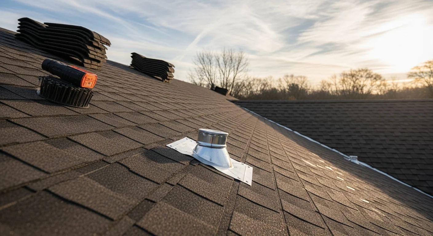 A completed residential roof installation on a single-story home in Somerset, KY, showing uniform shingle rows, sealed ridge cap, and properly set flashing around the chimney. The finished roof sits against a backdrop of central Kentucky tree cover under clear sky.