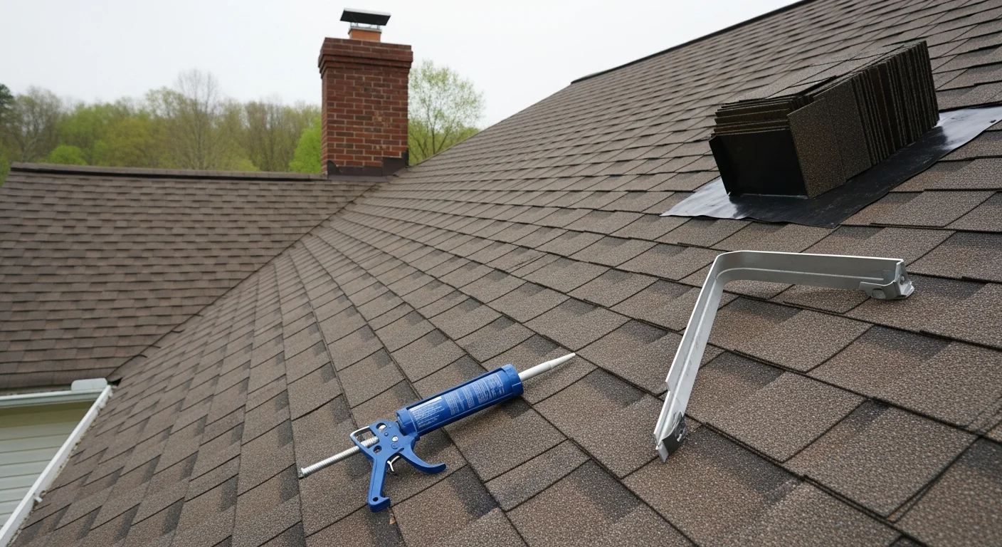A Thoroughbred Roofing crew repairing storm-damaged shingles and flashing on a residential home in Somerset, Kentucky. The repaired roof section shows replaced shingles and sealed flashing around a chimney on a pitched residential roof.