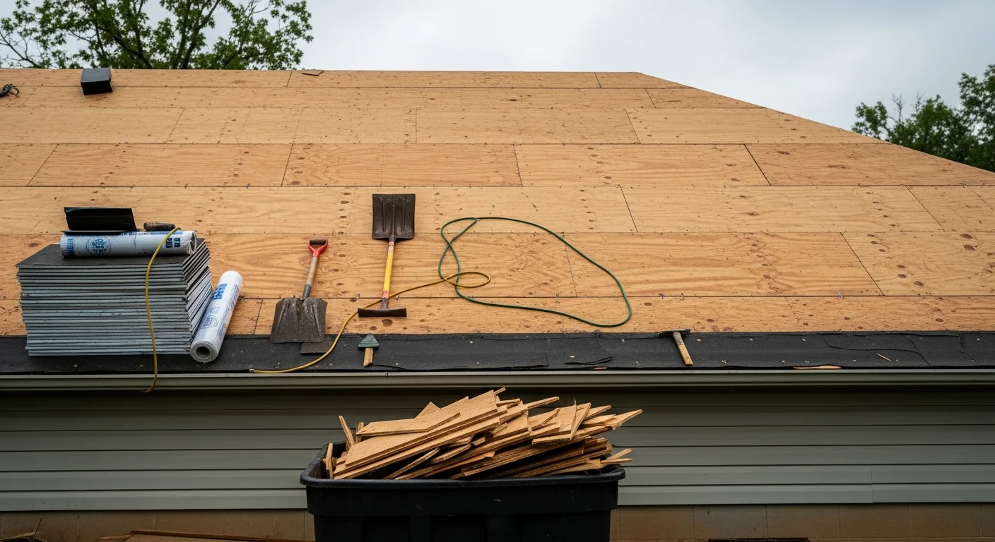 A completed residential roof replacement on a Somerset, Kentucky home showing new shingles installed across the full roof deck. The surrounding Pulaski County landscape is visible in the background.