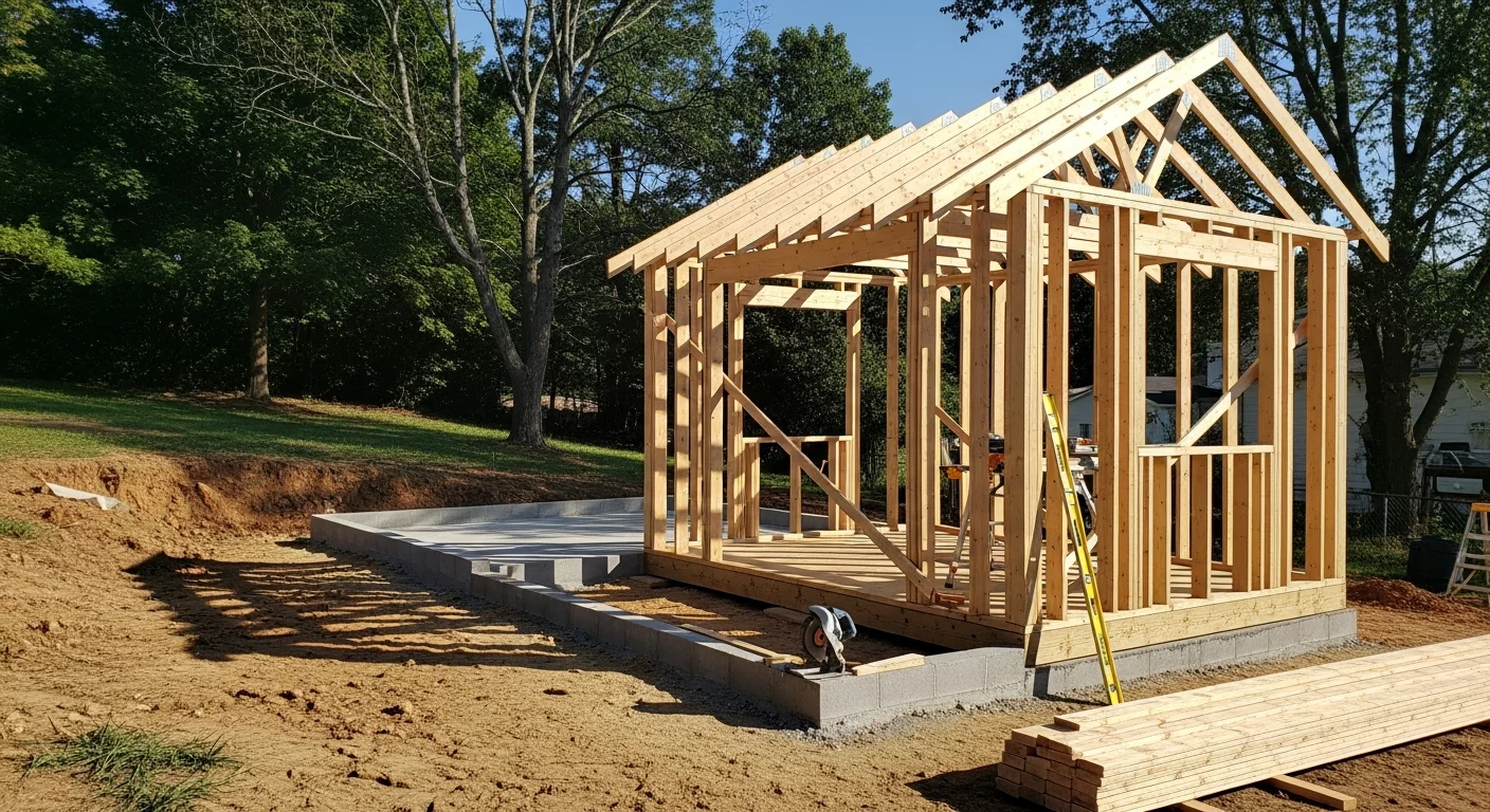 A newly constructed wood-framed storage shed with a pitched roof sitting on a level foundation in a residential backyard in Somerset. The exterior is finished and weathertight, with a single door and clean trim lines.