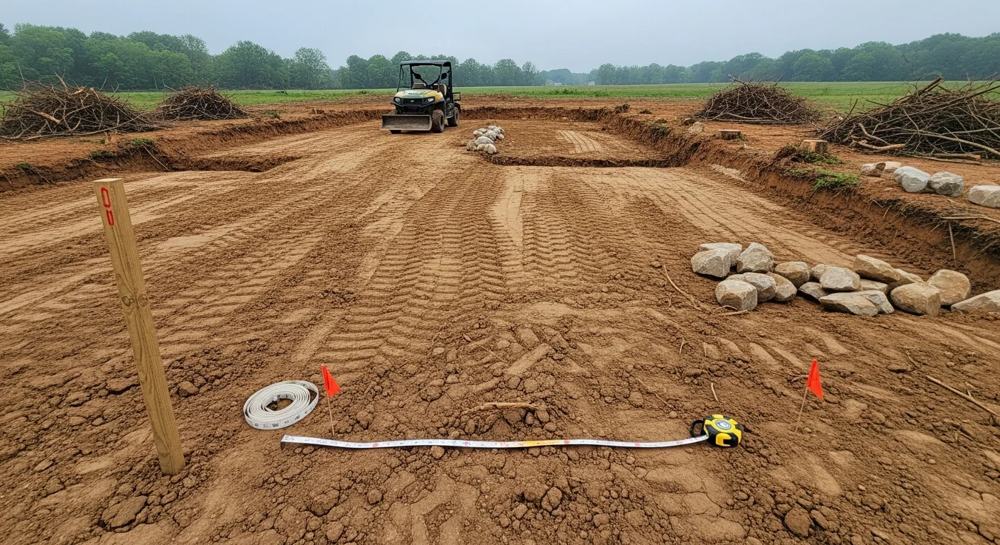 A cleared and graded residential lot in Somerset with compacted soil and defined drainage slope ready for construction. A general contractor crew and heavy equipment are visible preparing the ground for a new building foundation.