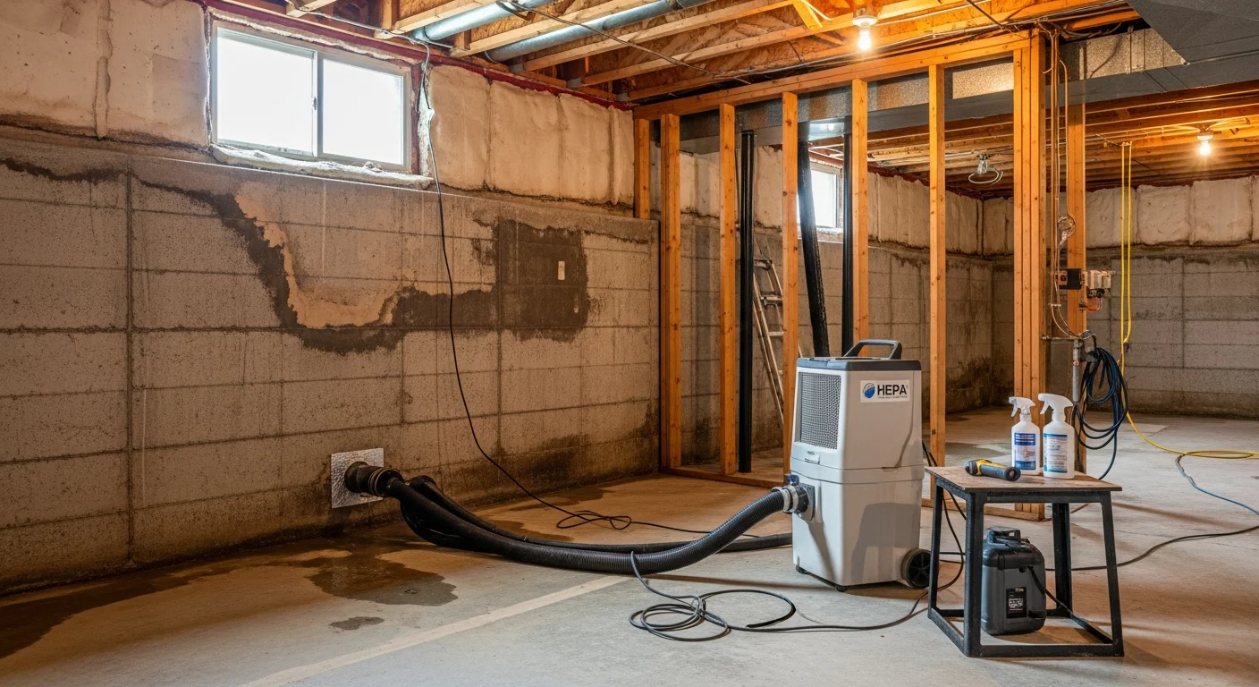 A Somerset, Kentucky home interior showing a remediated crawl space and dried wall cavity after water damage restoration and mold removal. Cleaned structural framing and vapor barrier installation are visible following treatment.